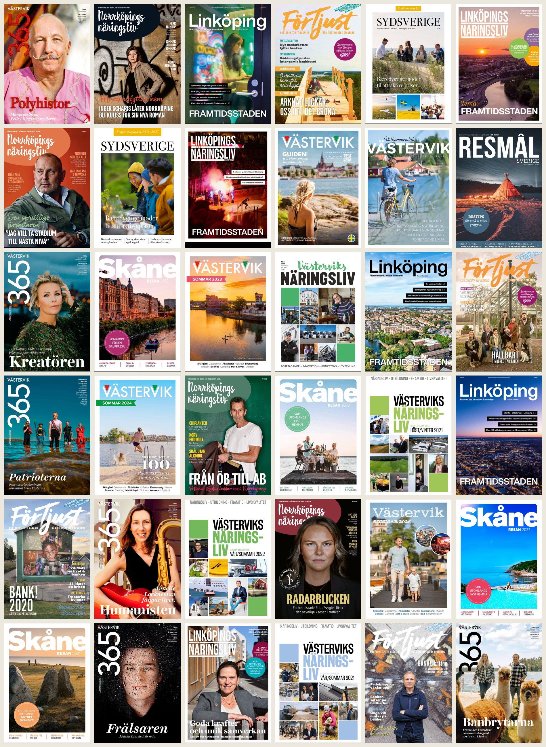 Kollage med omslag från MediaFokus magasin — Norrköpings Näringsliv, Västervik 365, Resmål Sverige, Skåneresan med flera